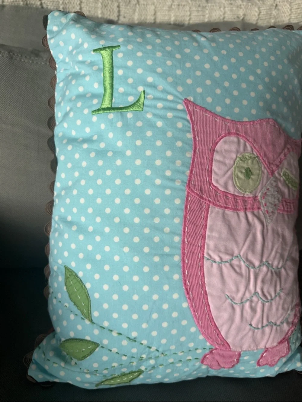 Pottery Barb Kids Owl Throw Pillow pastels embroidered patchwork scalloped pink